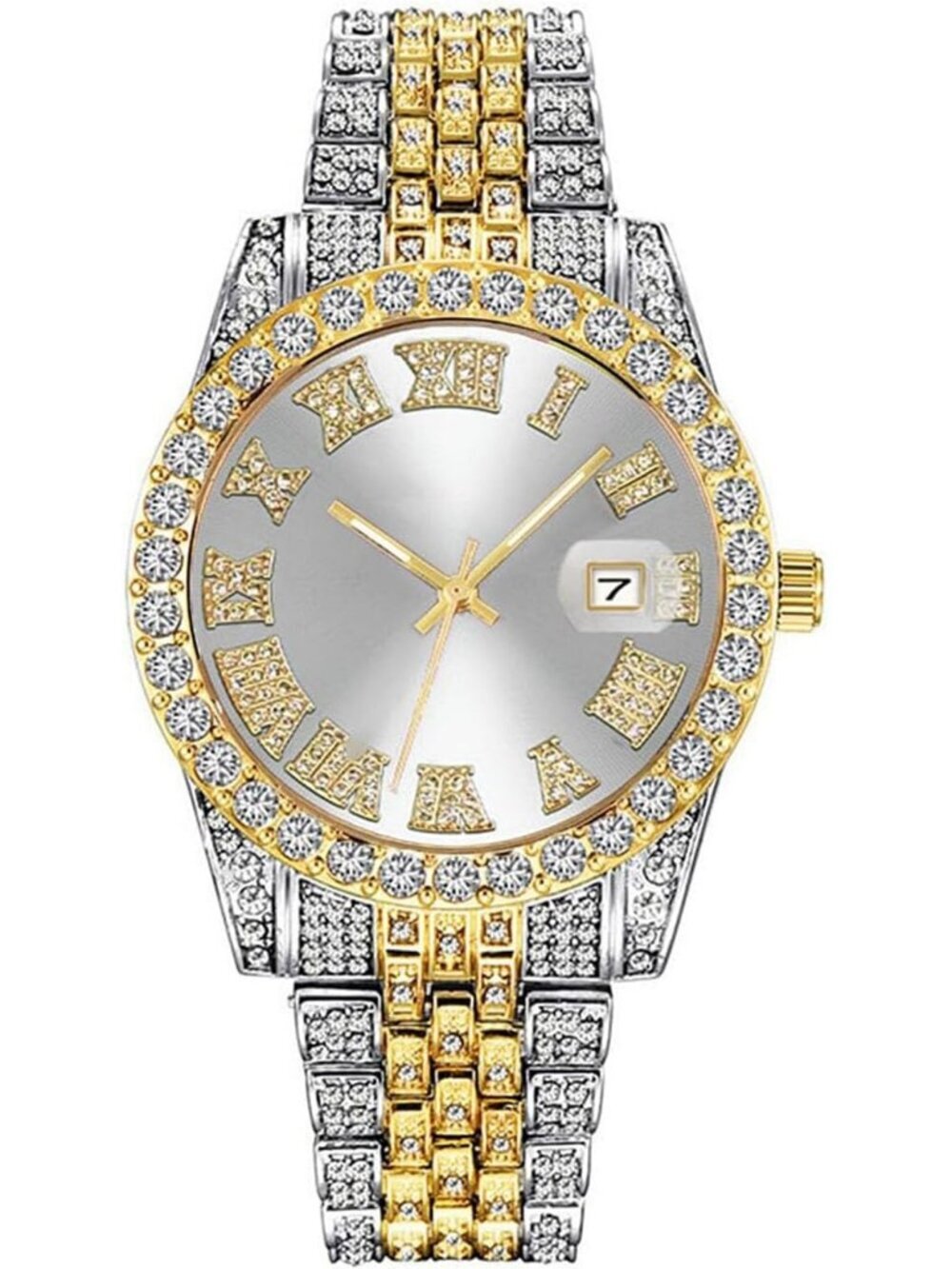 Men Silver White Analog Crystal Rhinestone Diamond Iced-Out Bracelet Wrist Watch